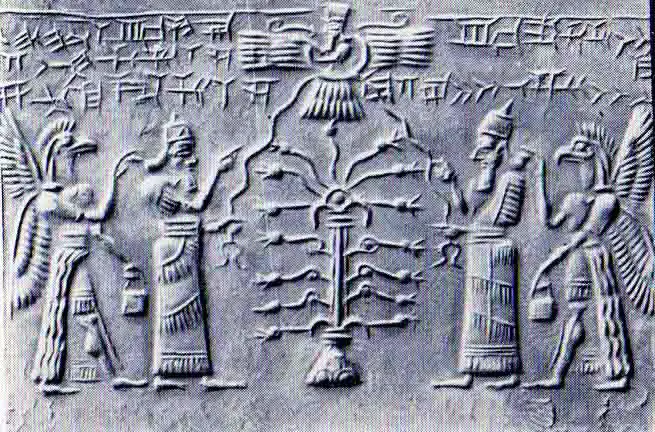 Sumerian Depicon of Anunnaki Gods - Tree of Life - Flying Saucer - Space suits with eagle helmets and wings