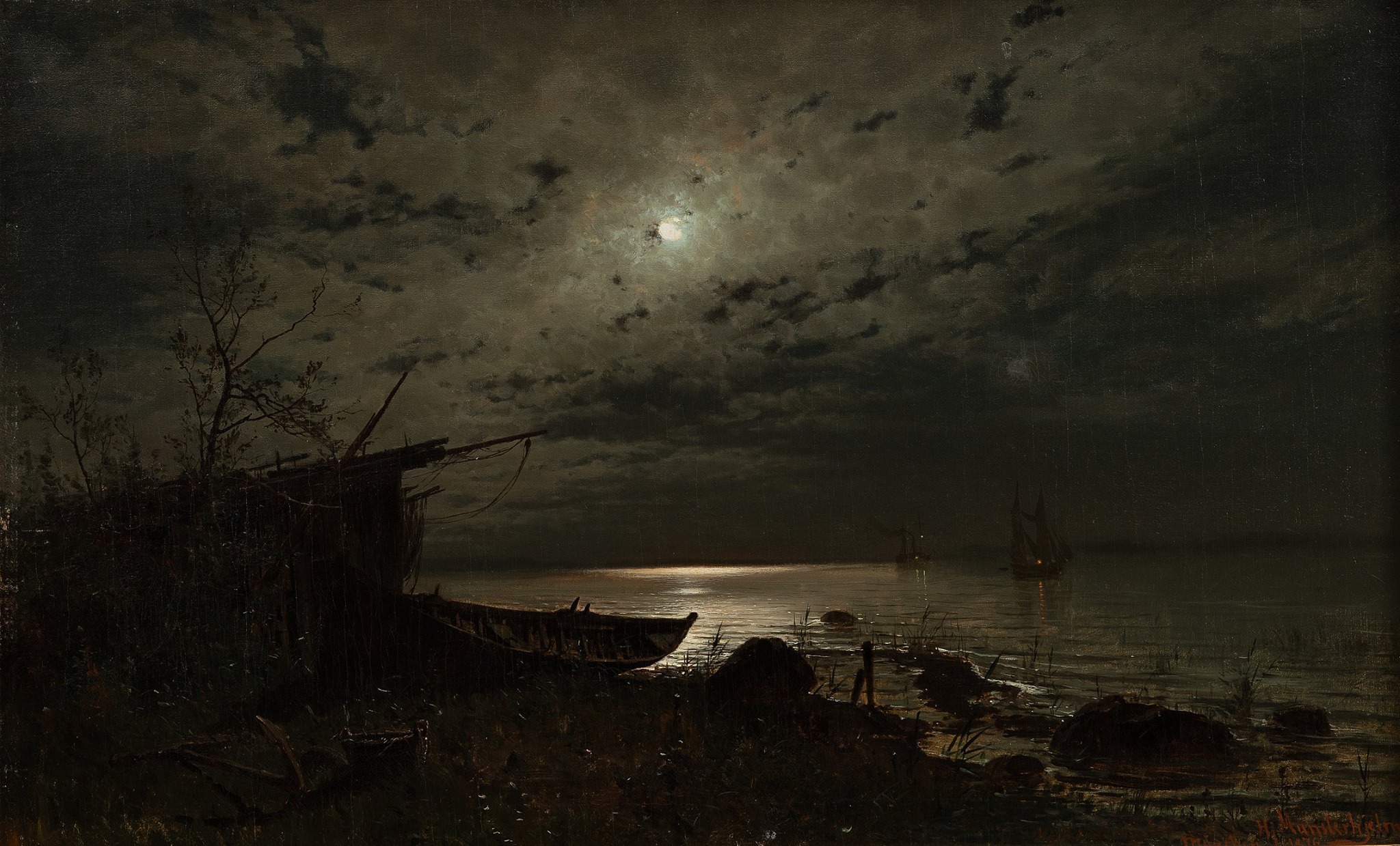 Magnus Hjalmar Munsterhjelm (Swedish-Finnish, 1840-1905), Kuunvaloa Merellä:Månsken över havet:Moonlight over the Sea (1876) Oil on canvas, 58 x 93 cm Private collection