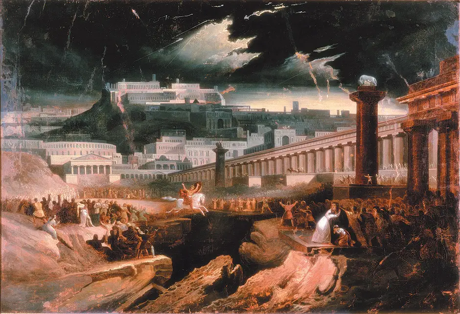 ‘Marcus Curtius’; after John Martin, circa 1827. According to the historian Livy, when a chasm opened up in the Forum in 362 BC and an oracle declared that Rome could endure only by casting its greatest strength into it, the soldier Marcus Curtius sai