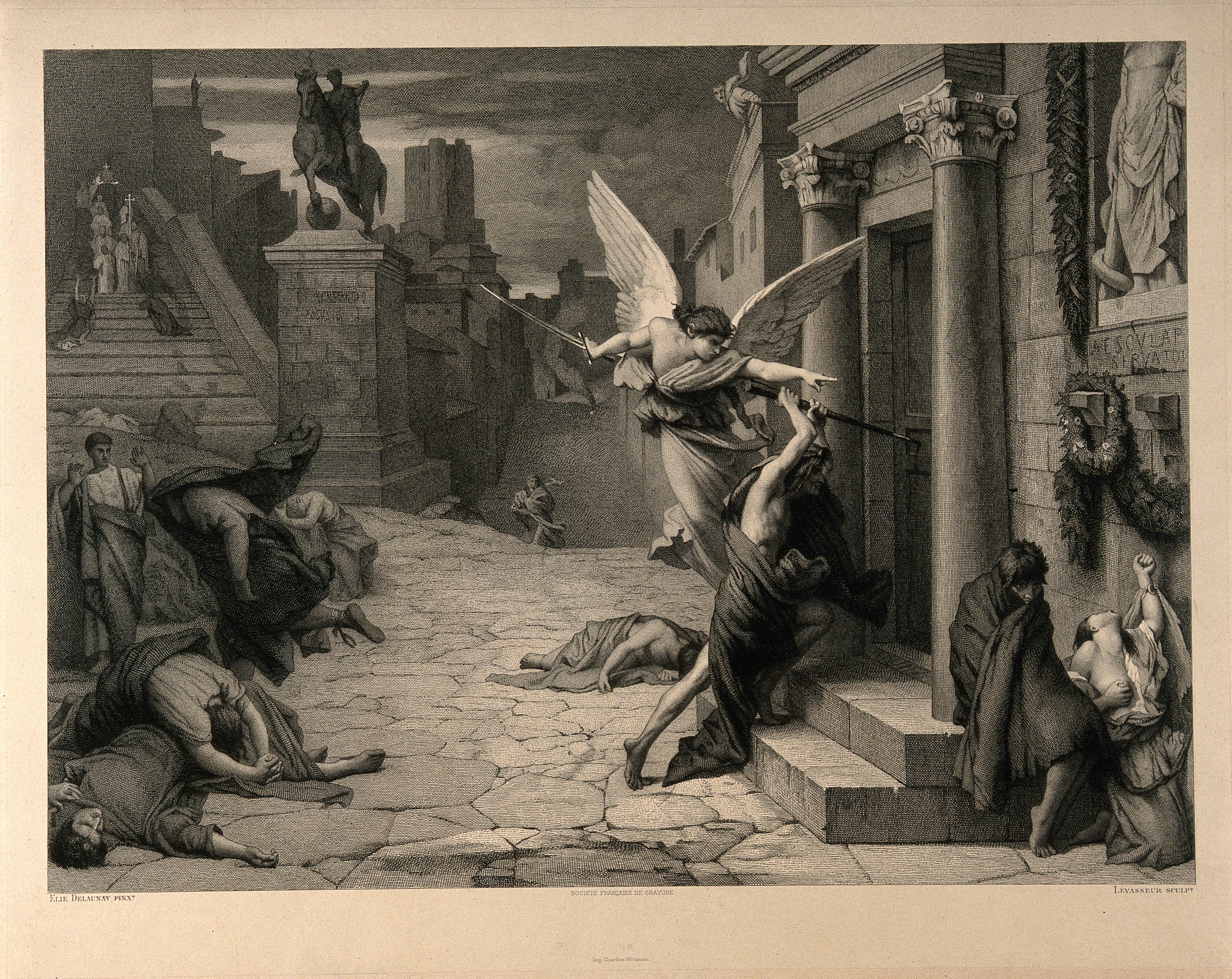 The angel of death striking a door during the plague of Rome. Engraving by Levasseur after J. Delaunay.